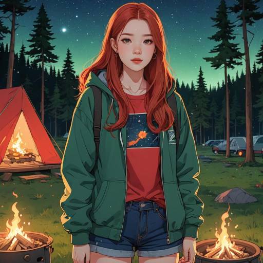Vibrant Anime Girl Camping Under Stars