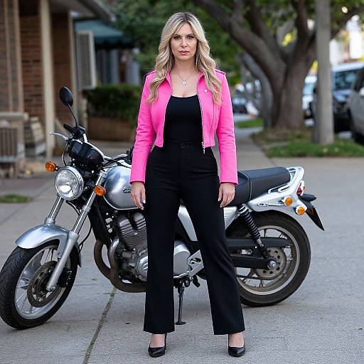 Photograph of a blonde woman in a bright pink jacket, black pants, and black flats, standing confidently in front of a silver motorcycle on a suburban