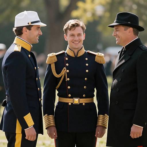 Three Men in Historical Uniforms Under Sunlight