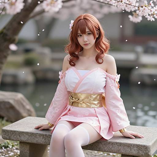 Digital art of an anime-style woman with red hair, wearing a pink off-shoulder kimono, white thigh-high stockings, and gold obi