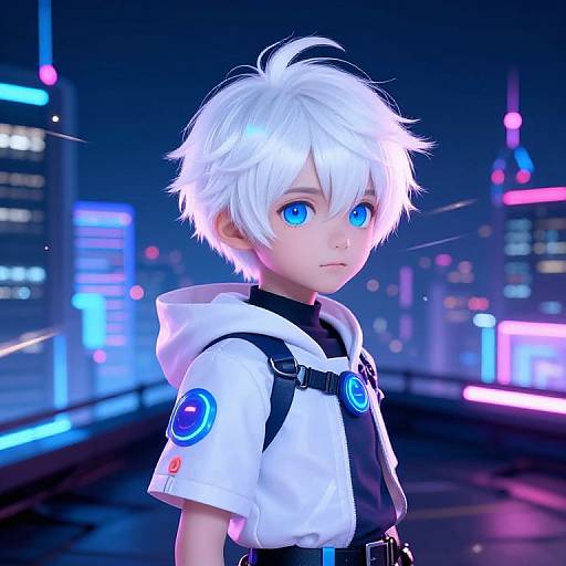 CGI image of a young boy with white hair, blue eyes, wearing a white hoodie with black straps, in a neon-lit futuristic cityscape