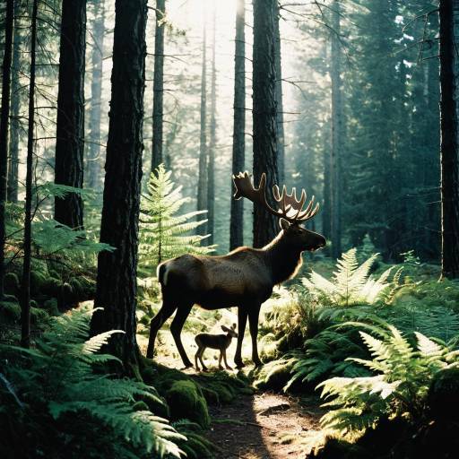 Moose and Calf in Sunlit Pine Forest