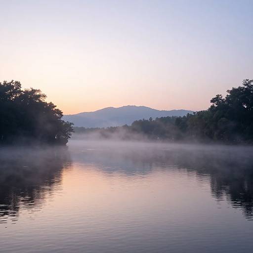 Photograph of a serene, misty lake at sunrise with soft pastel colors, reflected in calm water, surrounded by trees and distant hills.