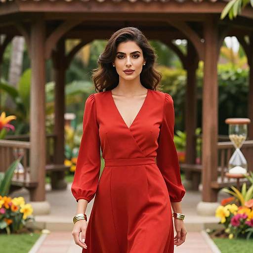 Woman in Red Dress Standing in Tropical Garden Gazebo