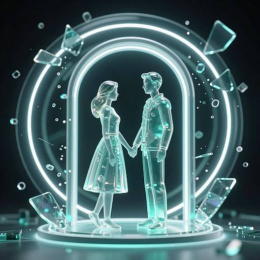 Neon-lit CGI of translucent man and woman holding hands within a glowing circular frame, surrounded by floating glass shards.