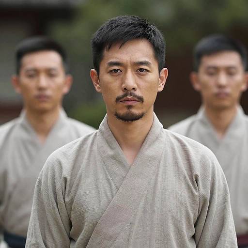 Photograph of three Asian men in traditional gray kimonos, focused on the central man with short black hair and goatee, blurred background.
