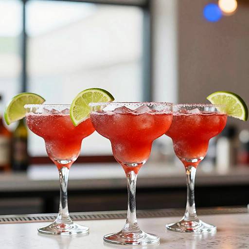 Photograph of three vibrant red margaritas with salt rims and lime slices, set on a bar counter, with a blurred background.