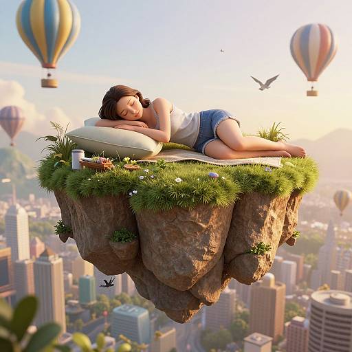 Digital art of a woman with brown hair, wearing white shirt and denim shorts, lying on a grassy cliff above a city with hot air balloons.