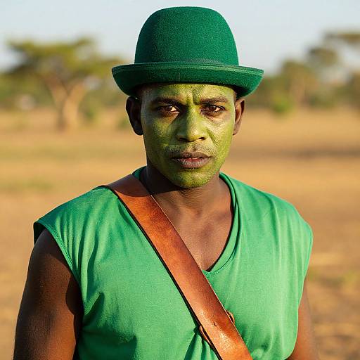 Photograph of a dark-skinned man with green face paint, wearing a green hat and sleeveless green shirt, with a brown strap, against a
