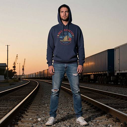 Photograph of a bearded man in a navy hoodie and ripped jeans standing on railway tracks at sunset, with freight trains in the background.