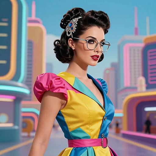Retro-Futuristic Woman in Vibrant Dress