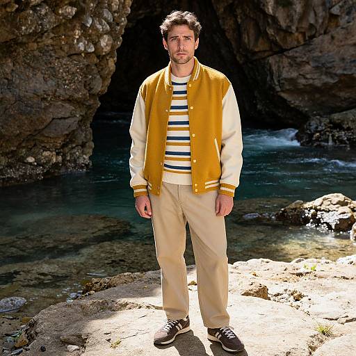 Photograph of a bearded man with short dark hair, wearing a yellow varsity jacket, striped shirt, beige pants, and black shoes, standing