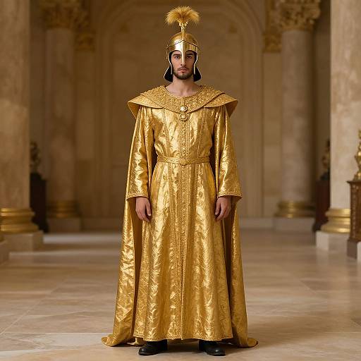 Photograph of a man in an ancient Egyptian-style gold robe and helmet, standing in an ornate, columned hallway.
