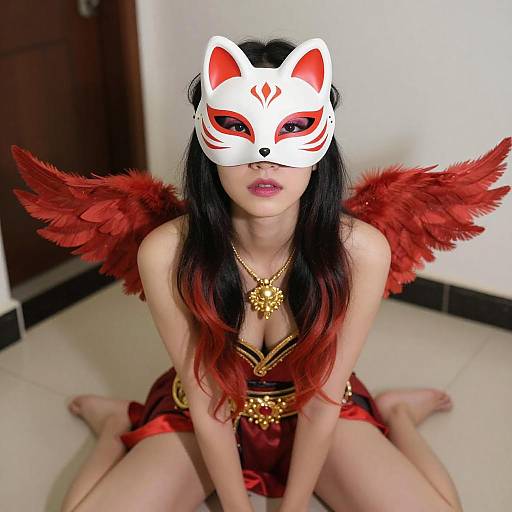 Asian Woman with Fox Mask and Red Wings
