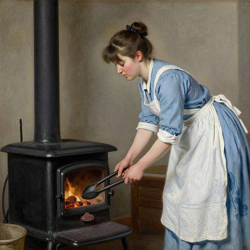 Photograph of a fair-skinned woman in a blue dress and white apron, tending a black wood-burning stove with a poker.