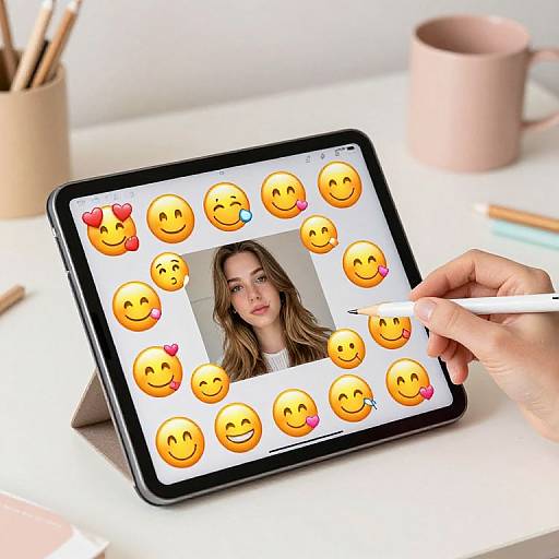 Photograph of a hand drawing a smiley face border around a portrait of a young woman with long brown hair on a tablet. Background includes a pink