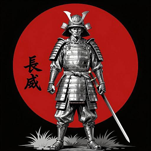 Silver Samurai Statue with Sword and Red Background