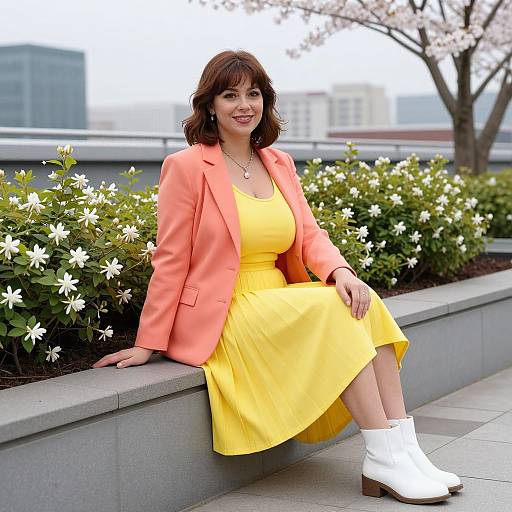 Photograph of a smiling woman with short brown hair, wearing a coral blazer, yellow dress, and white boots, sitting on a stone ledge with