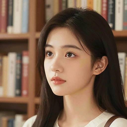 Photograph of an East Asian woman with long black hair, fair skin, and soft brown eyes, standing in a library with bookshelves in the