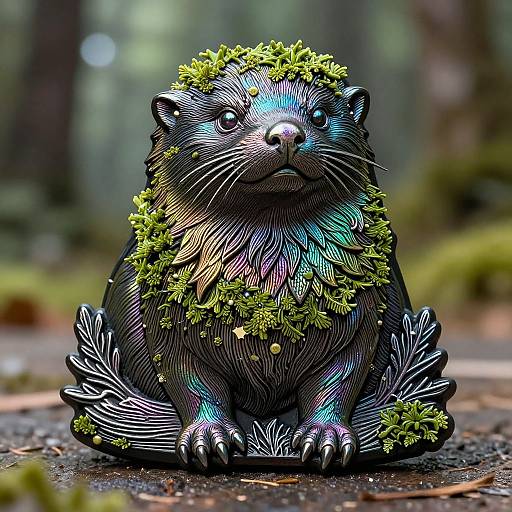 Digital artwork of a vividly colored, iridescent otter with green moss on its head and tail, sitting in a forest.
