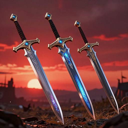 Photograph of three ornate, glowing blue swords with intricate designs, standing upright in rocky terrain against a dramatic red-orange sunset sky.