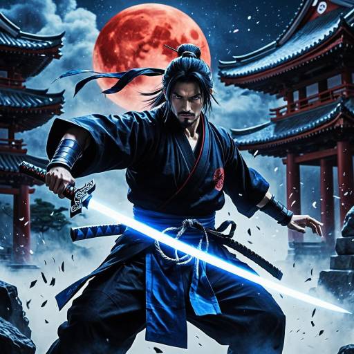 Ghostly Ninjutsu Master with Glowing Sword Under Blood Red Moon