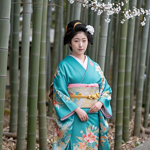 Elegant Japanese Woman in Turquoise Kimono