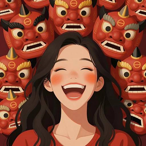 Joyful Asian Woman Surrounded by Lion Masks