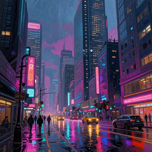 Neon-lit, rainy urban street scene with vibrant pink, blue, and purple neon signs reflecting on wet pavement, bustling with pedestrians and yellow taxis