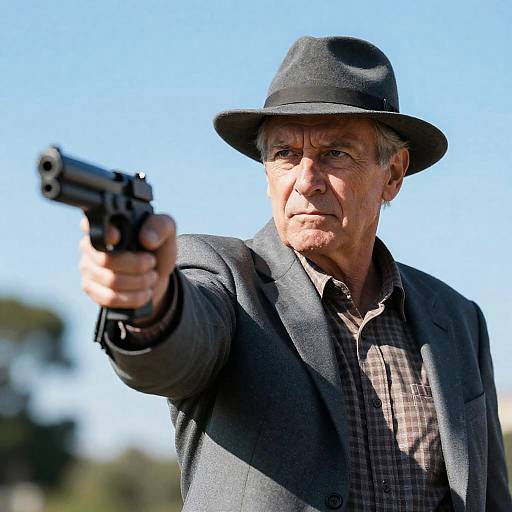 Stern Older Man Pointing Gun Outdoors