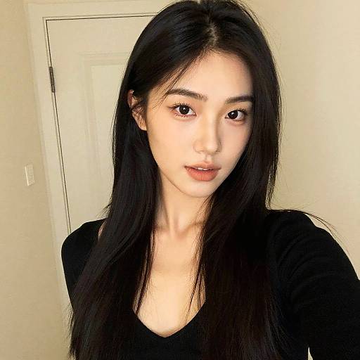 Photograph of a young Asian woman with long black hair, fair skin, and brown eyes, wearing a black top, standing against a white door background