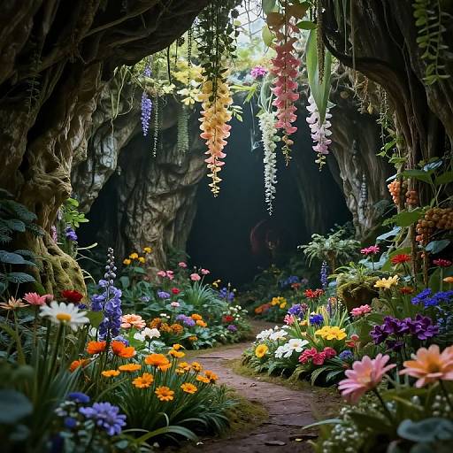 Photograph of a lush, enchanted garden with vibrant flowers, hanging orchids, and a winding path under a cavernous, moss-covered arch.