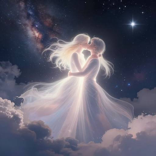 Digital anime-style artwork of a glowing, ethereal couple kissing amidst a starry night sky, surrounded by clouds and radiant light.