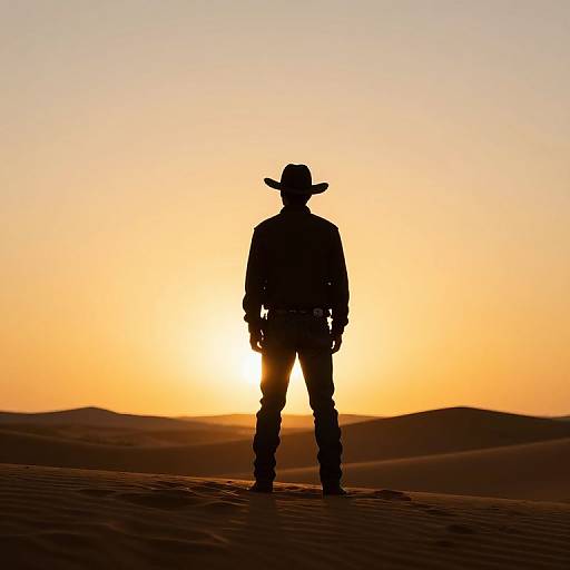 Silhouetted cowboy in wide-brimmed hat standing in desert at sunset, with golden sky and sun low on horizon. Photograph.