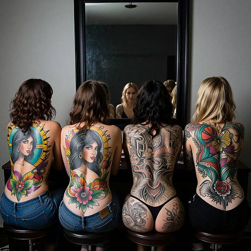 Photograph of four women with colorful and intricate back tattoos, sitting in front of a mirror, displaying diverse tattoo designs.