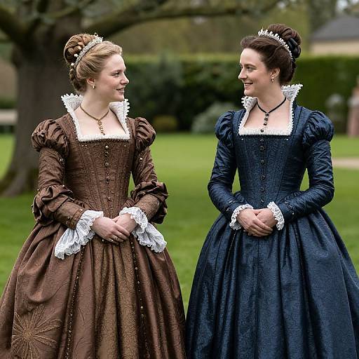 Photograph of two women in 18th-century-style dresses, standing outdoors, smiling at each other. One wears brown, the other navy blue,