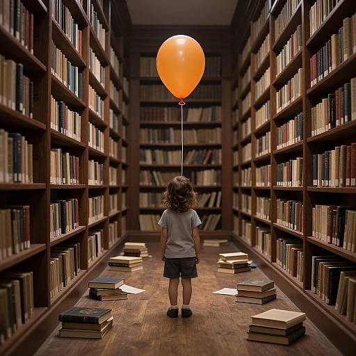 Photograph of a child with curly hair, wearing a white shirt and dark shorts, holding an orange balloon, walking down a library aisle with wooden shelves