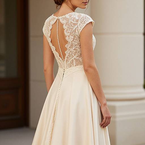 Photograph of a woman with brown hair in an elegant, white lace-back wedding dress with a satin skirt, standing outdoors.
