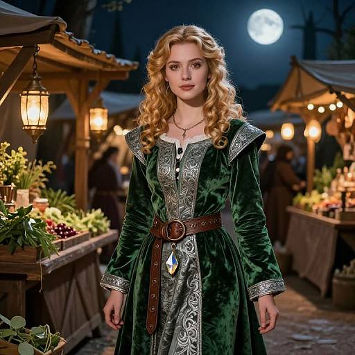 Photograph of a blonde woman with curly hair, wearing a green velvet dress with silver embroidery and brown belt, standing in a moonlit, illuminated market