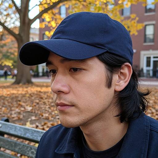 Photograph of an Asian man with medium-length black hair, wearing a navy cap and black shirt, sitting on a bench in a park with autumn leaves