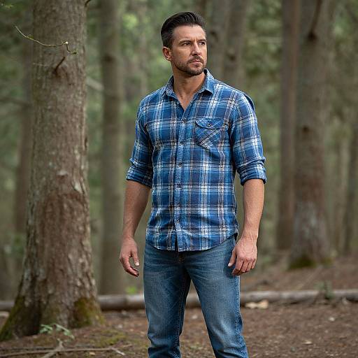 Photograph of a handsome bearded man with medium build, wearing a blue plaid shirt and blue jeans, standing in a forest.