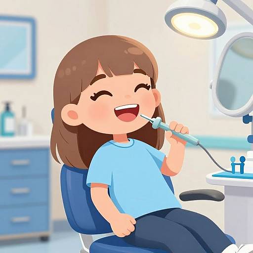 Cartoon of a happy brown-haired girl in a blue shirt brushing teeth in a bright, modern dental office.
