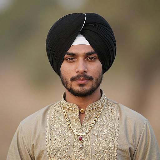 Photograph of a young South Asian man with dark skin, black turban, trimmed beard, gold embroidered kurtah, and white forehead band,