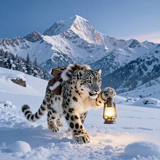 Photograph of a snow leopard with spots holding a glowing lantern in a snowy mountain landscape, standing on snow with a rugged, snow-capped peak in