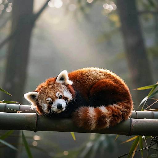 Photograph of a red panda with lush, orange-red fur curled up sleeping on a bamboo branch in a sunlit forest.