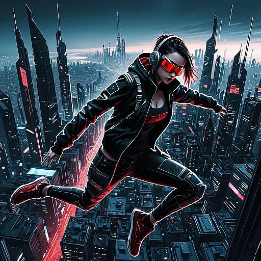 Cyberpunk female hacker leaping through futuristic city