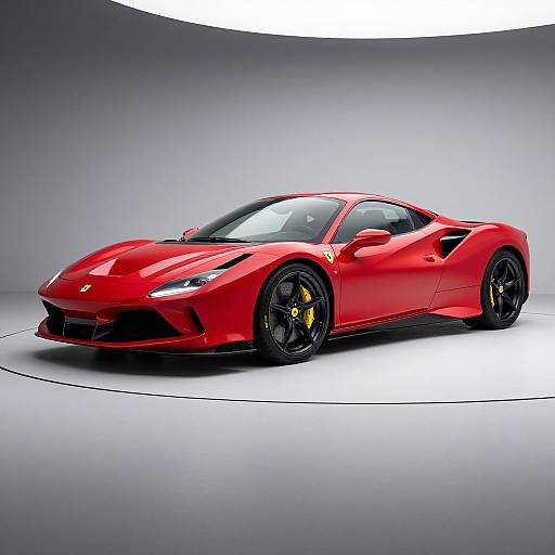 Photograph of a sleek, red Ferrari 458 Italia supercar with black wheels and yellow brake calipers, displayed in a minimalist white and gray studio