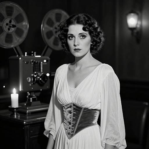 Black-and-white photograph of a 1940s-style woman with curly hair, wearing a white dress and corset, standing in a dimly lit