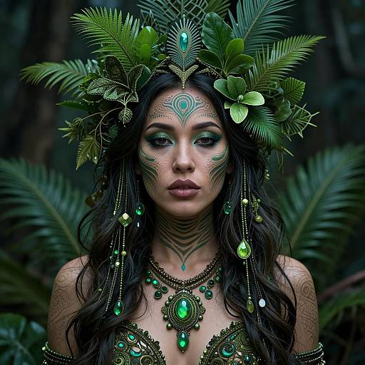 Photorealistic digital portrait of a dark-haired woman with intricate green and gold tribal makeup, adorned with leafy headpiece, green gemstone jewelry,
