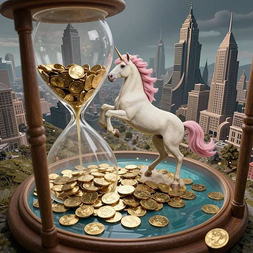 Photorealistic image: White unicorn with pink mane rears up, surrounded by gold coins inside a glass hourglass, set against a cityscape of